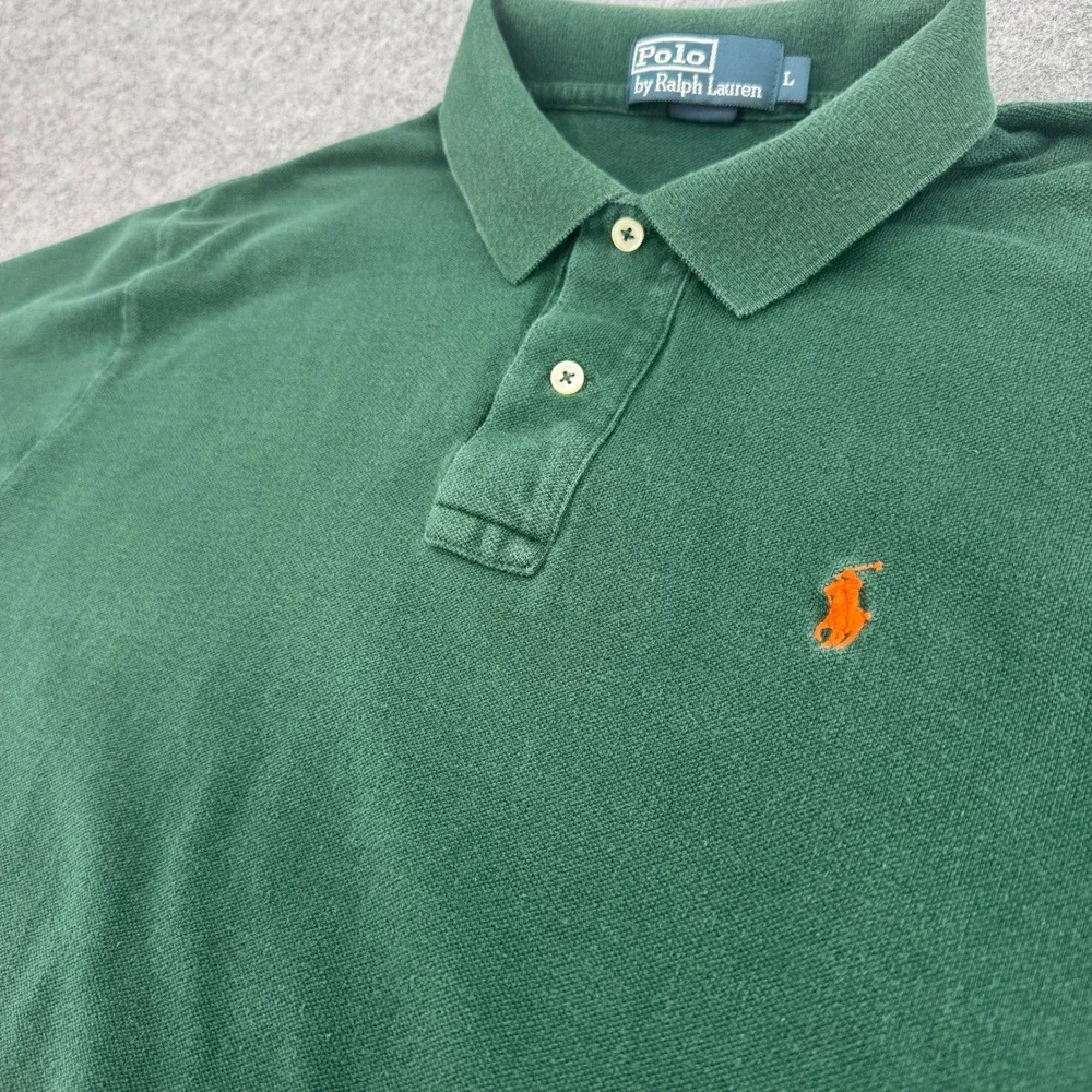 Polo Ralph Lauren Mens Green Short Sleeve Pique Polo Shirt Orange Pony Large